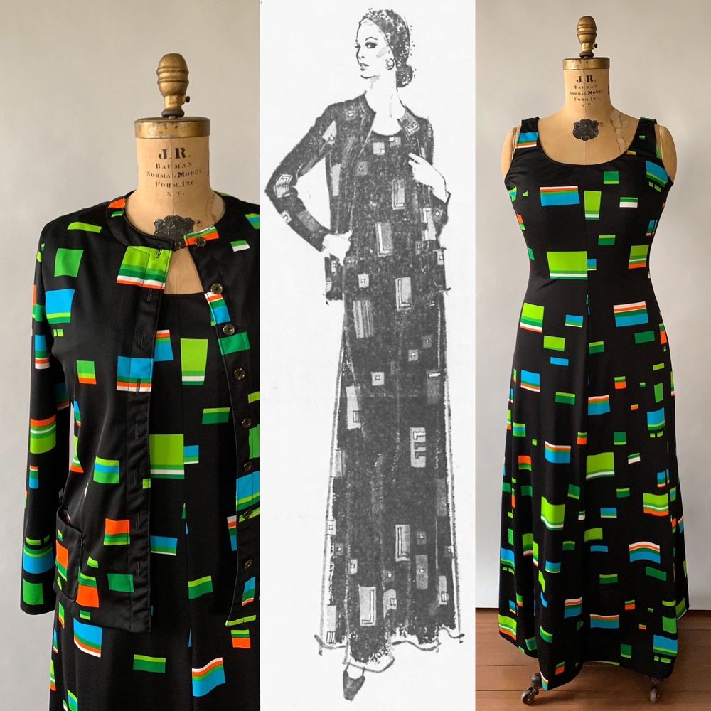 Vintage 1970s Black Green Multi Geometric Sleeveless Maxi Dress Jacket Set S M